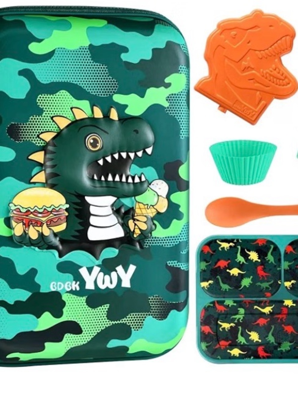Kids Dinosaur Lunch Box Set - Green Camouflage with Orange Accents
